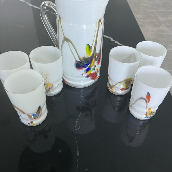 Vintage Marble Multicolor Blown Glass Pitcher and Six Matching Glasses - Picture 2 of 13
